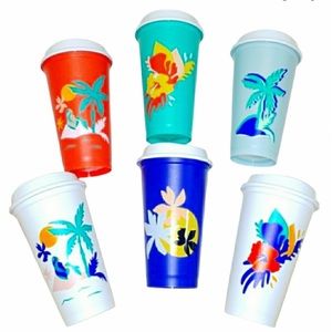 Starbucks 6 Reusable Cups Summer Tropical Palms Mermaid Siren Color Cup Set NEW